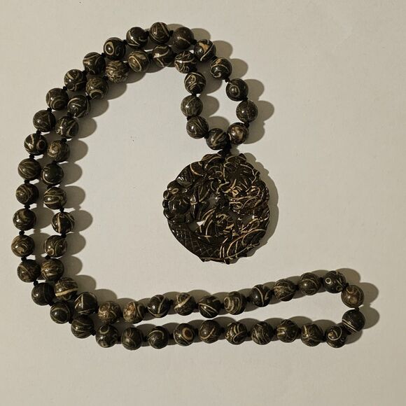 Shell Fossil Beaded Necklace, Dragon Carved Pendant, Strand Dark Stone - Picture 2 of 6